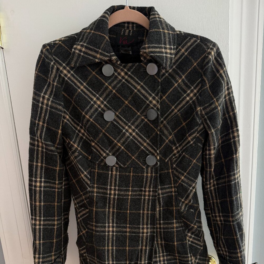 Via Dark Plaid Wool Blend Double Breasted Classic Coat Women's 2